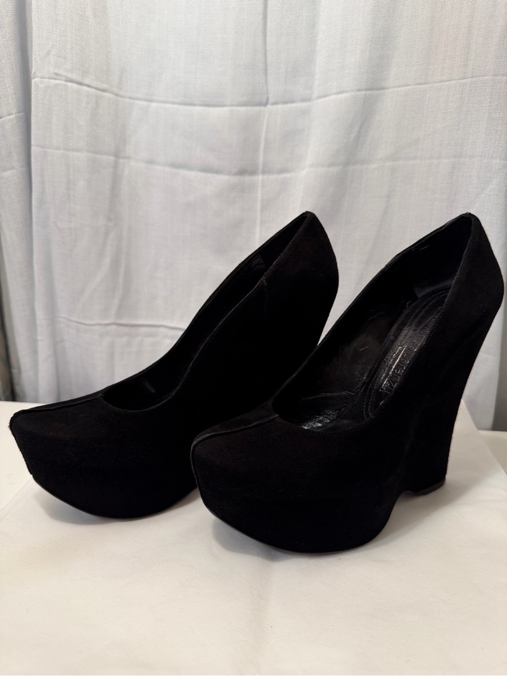 Vintage Gianmarco Lorenzi black suede platform wedge pumps, made in Italy.